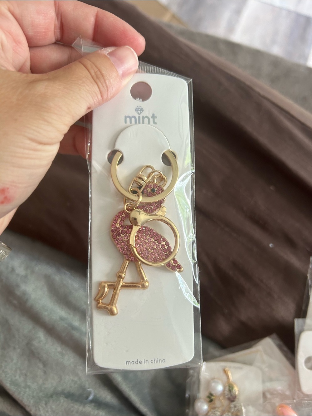 4/$50 Mint Gold Flamingo Keyring with Pink Crystals